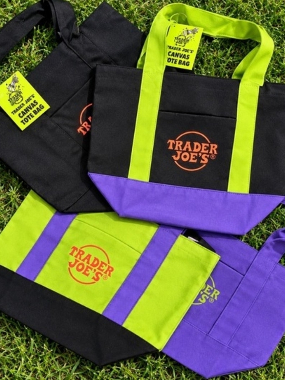 Trader Joe's MINI Tote Bags- Black, Lime Green & Purple